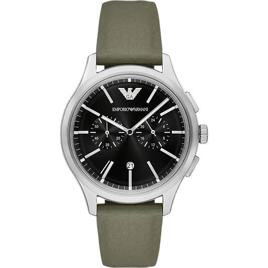 Emporio Armani 42mm Dario Black Dial Green Mirum Leather Strap Watch