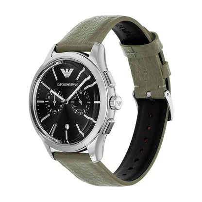 Emporio Armani 42mm Dario Black Dial Green Mirum Leather Strap Watch