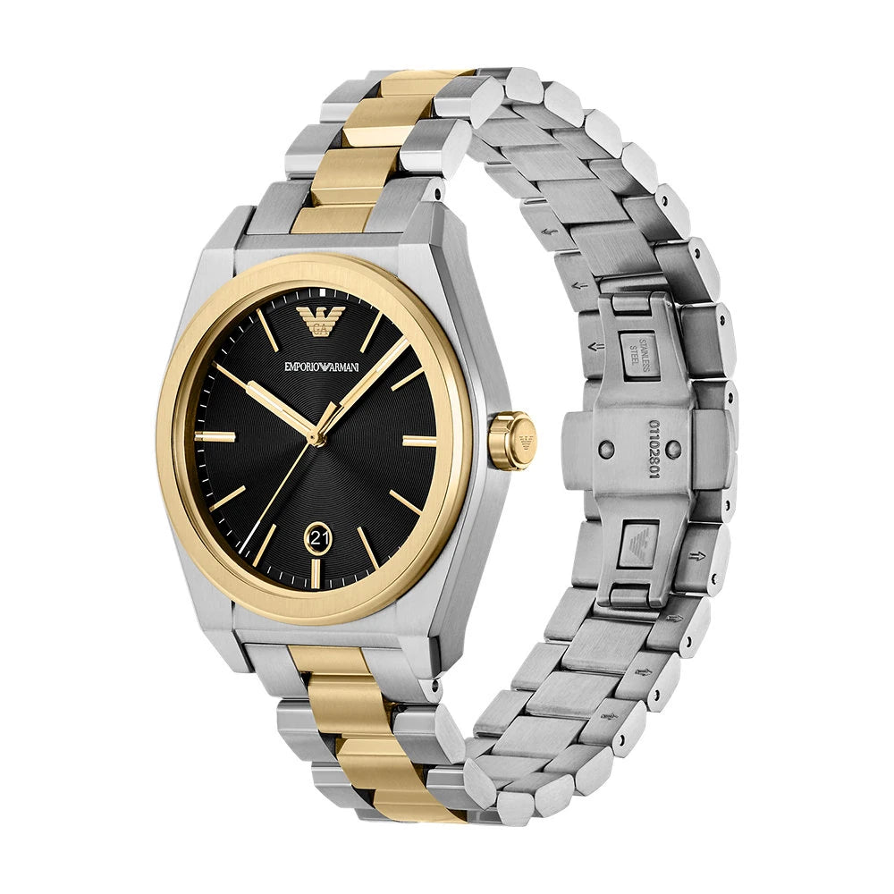 Emporio Armani 41mm Federico Date Black Dial Two Tone Stainless Steel Watch