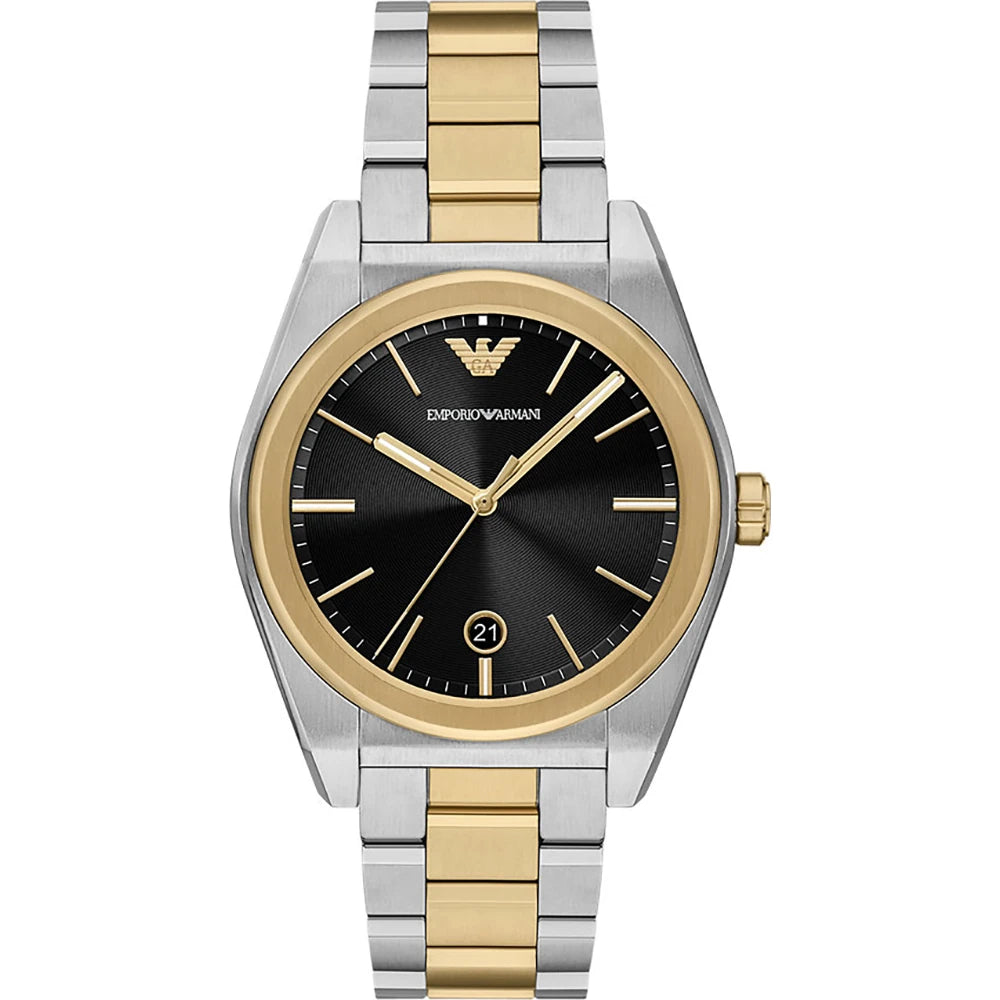 Emporio Armani 41mm Federico Date Black Dial Two Tone Stainless Steel Watch