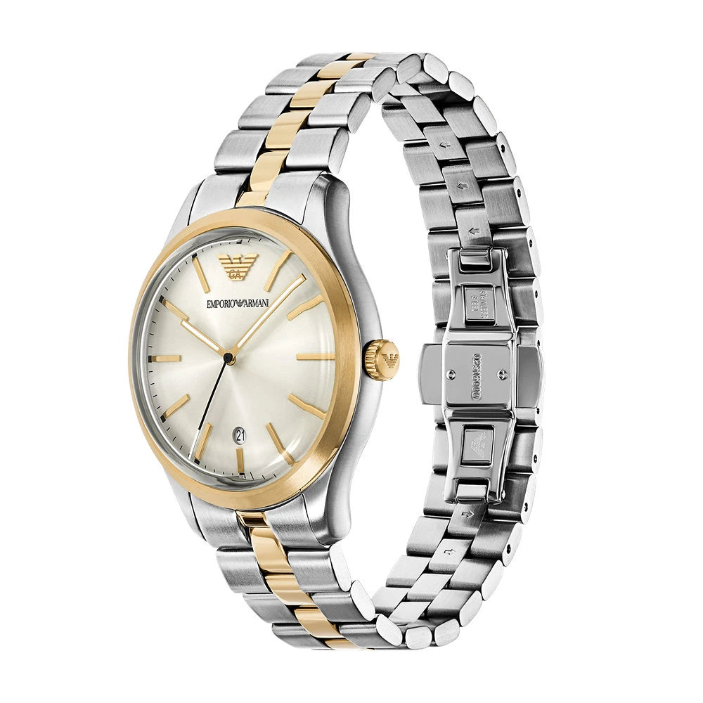 Emporio Armani 41mm Dario Silver Dial Two Tone Bracelet Link Watch