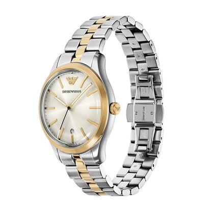 Emporio Armani 41mm Dario Silver Dial Two Tone Bracelet Link Watch
