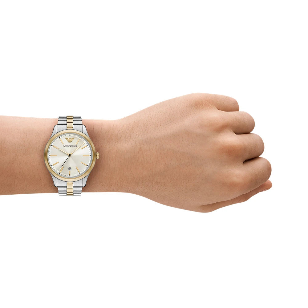 Emporio Armani 41mm Dario Silver Dial Two Tone Bracelet Link Watch