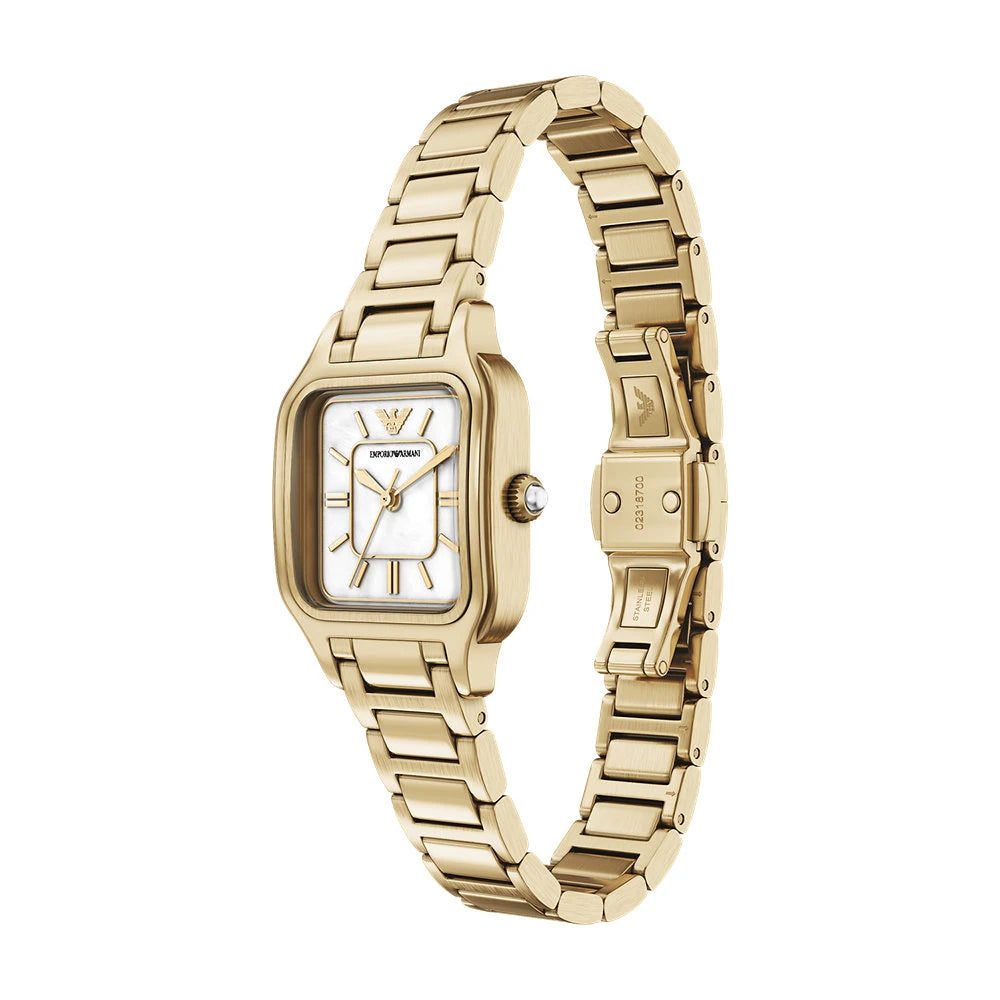 Emporio Armani 35mm Ladies Cecilia Mother of Pearl Dial Yellow Gold Tone Bracelet Watch
