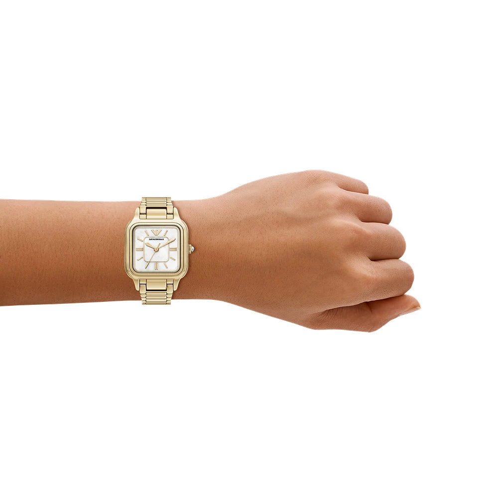 Emporio Armani 35mm Ladies Cecilia Mother of Pearl Dial Yellow Gold Tone Bracelet Watch