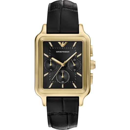 Emporio Armani 38mm Chronograph Diego Yellow Gold Tone Black Dial Date Leather Strap Watch
