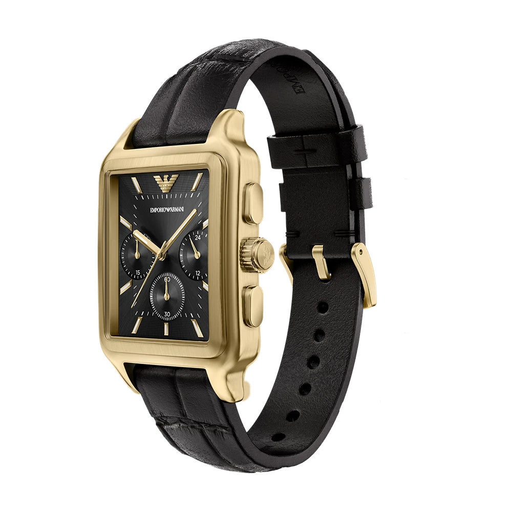 Emporio Armani 38mm Chronograph Diego Yellow Gold Tone Black Dial Date Leather Strap Watch