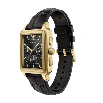 Emporio Armani 38mm Chronograph Diego Yellow Gold Tone Black Dial Date Leather Strap Watch