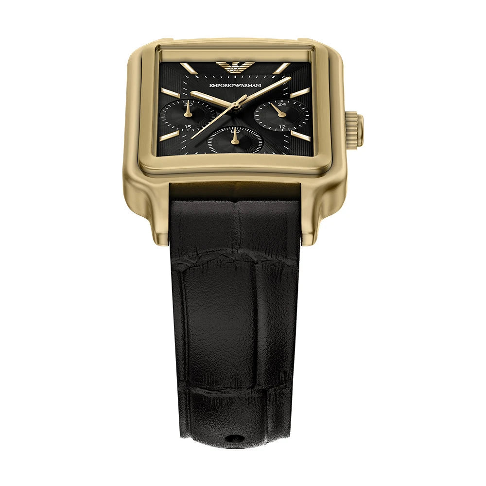 Emporio Armani 38mm Chronograph Diego Yellow Gold Tone Black Dial Date Leather Strap Watch