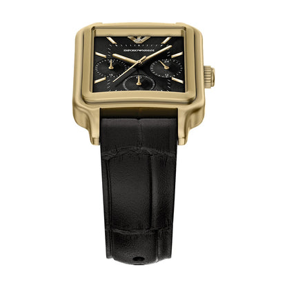 Emporio Armani 38mm Chronograph Diego Yellow Gold Tone Black Dial Date Leather Strap Watch