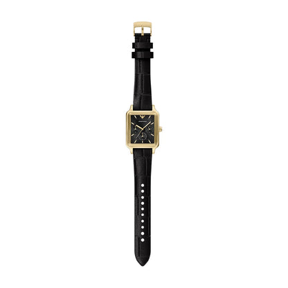 Emporio Armani 38mm Chronograph Diego Yellow Gold Tone Black Dial Date Leather Strap Watch