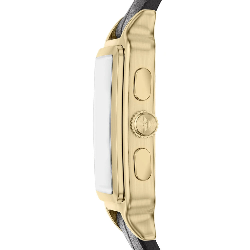 Emporio Armani 38mm Chronograph Diego Yellow Gold Tone Black Dial Date Leather Strap Watch