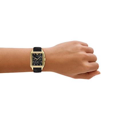 Emporio Armani 38mm Chronograph Diego Yellow Gold Tone Black Dial Date Leather Strap Watch