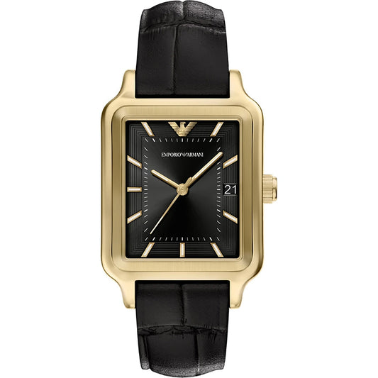 Emporio Armani 36mm Diego Yellow Gold Tone Black Dial Date Leather Strap Watch