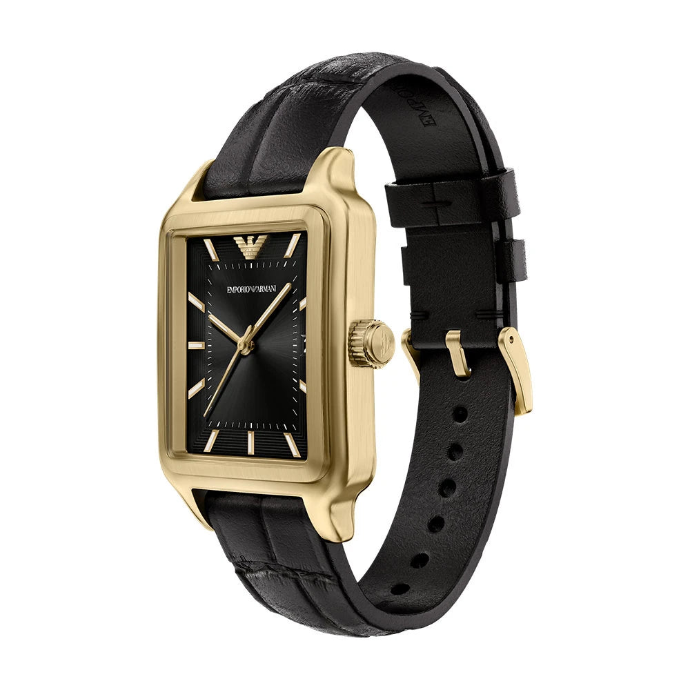 Emporio Armani 36mm Diego Yellow Gold Tone Black Dial Date Leather Strap Watch