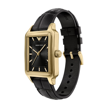 Emporio Armani 36mm Diego Yellow Gold Tone Black Dial Date Leather Strap Watch