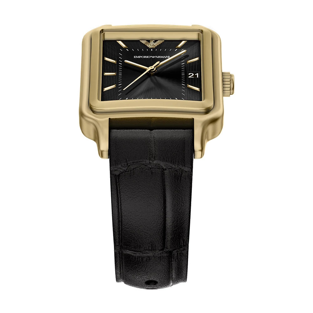 Emporio Armani 36mm Diego Yellow Gold Tone Black Dial Date Leather Strap Watch