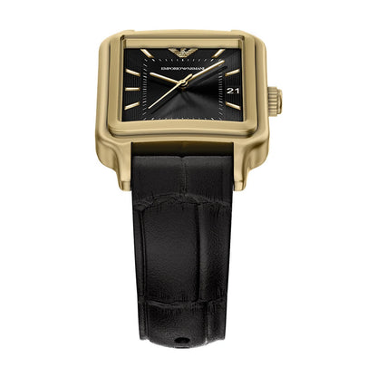 Emporio Armani 36mm Diego Yellow Gold Tone Black Dial Date Leather Strap Watch