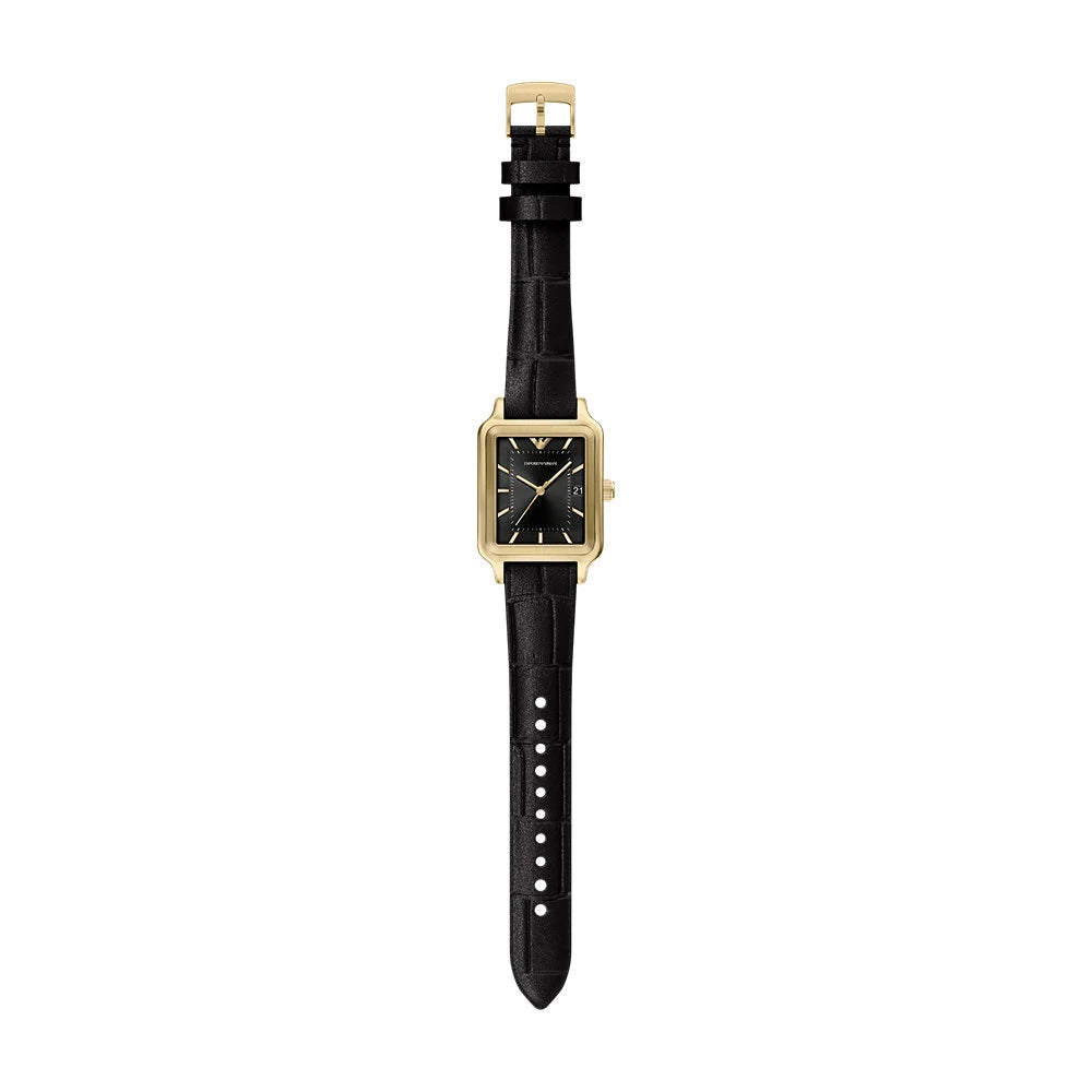 Emporio Armani 36mm Diego Yellow Gold Tone Black Dial Date Leather Strap Watch