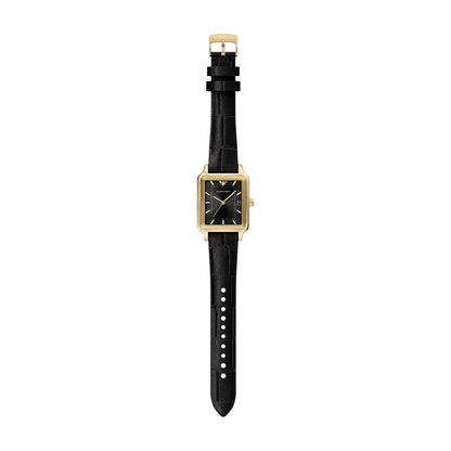 Emporio Armani 36mm Diego Yellow Gold Tone Black Dial Date Leather Strap Watch