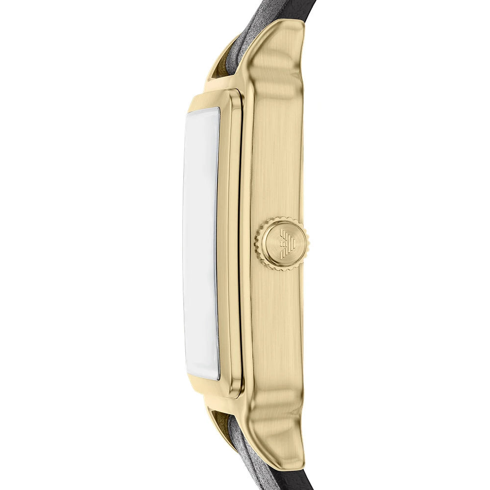 Emporio Armani 36mm Diego Yellow Gold Tone Black Dial Date Leather Strap Watch