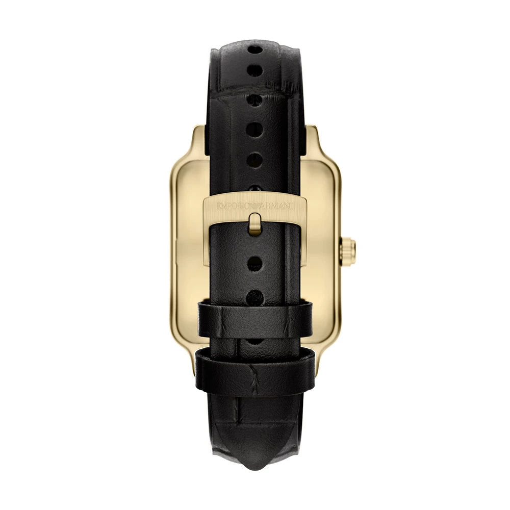 Emporio Armani 36mm Diego Yellow Gold Tone Black Dial Date Leather Strap Watch
