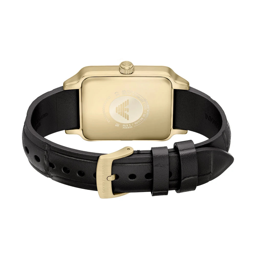 Emporio Armani 36mm Diego Yellow Gold Tone Black Dial Date Leather Strap Watch
