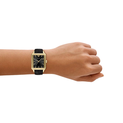 Emporio Armani 36mm Diego Yellow Gold Tone Black Dial Date Leather Strap Watch