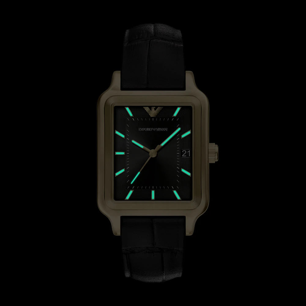 Emporio Armani 36mm Diego Yellow Gold Tone Black Dial Date Leather Strap Watch