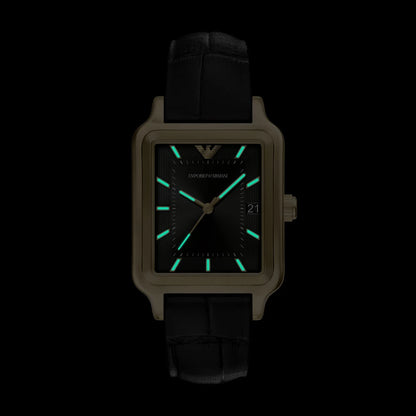 Emporio Armani 36mm Diego Yellow Gold Tone Black Dial Date Leather Strap Watch