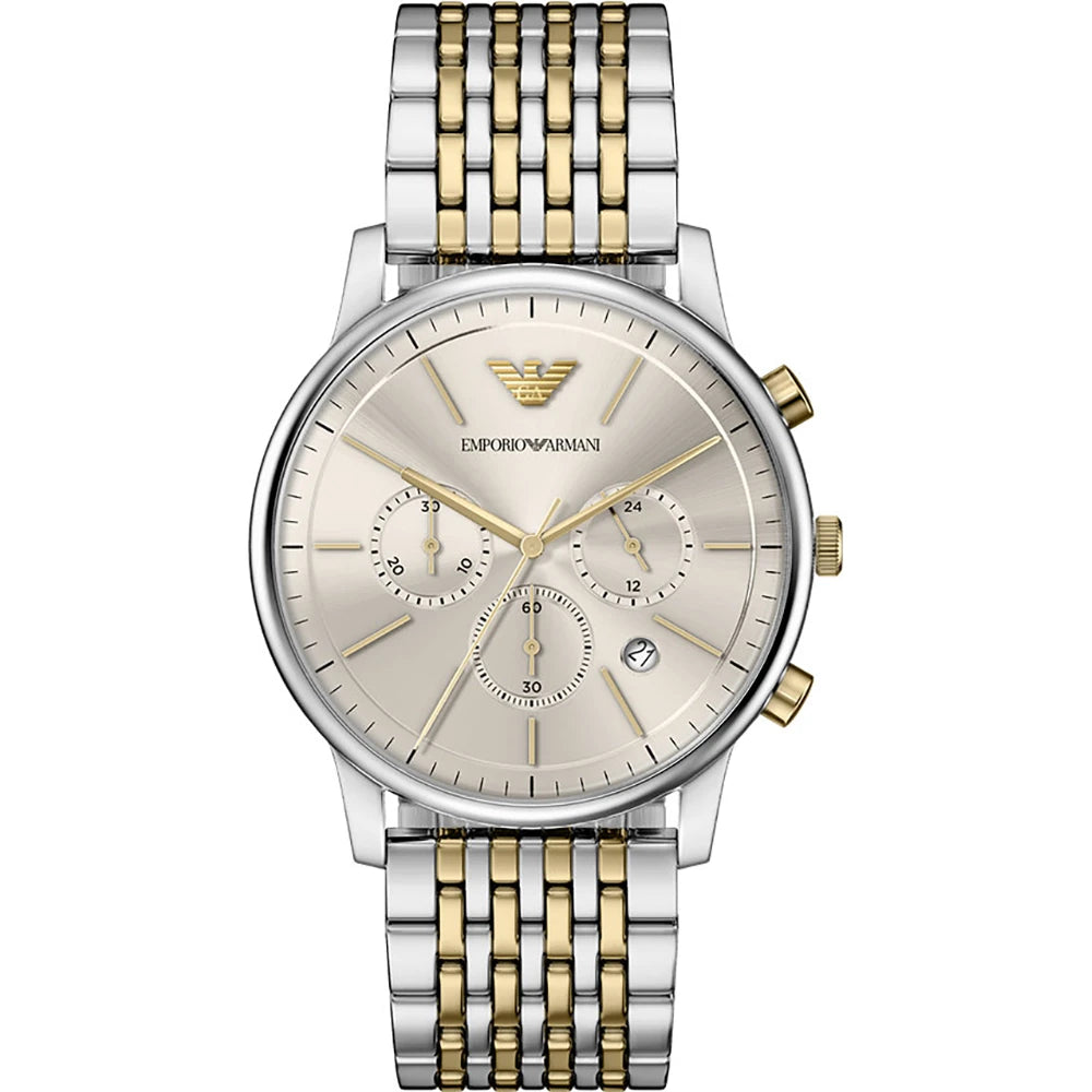 Emporio Armani 42mm Chronograph Minimalist Grey Dial Two Tone Stainless Steel Bracelet Watch