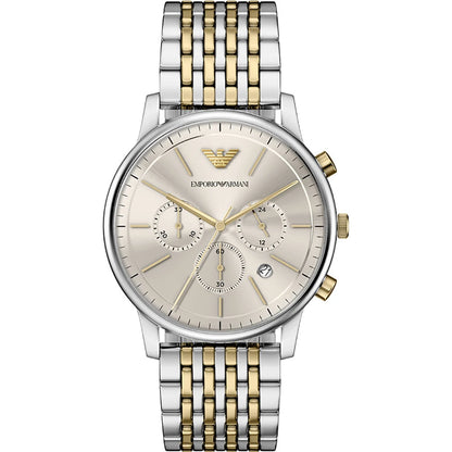 Emporio Armani 42mm Chronograph Minimalist Grey Dial Two Tone Stainless Steel Bracelet Watch
