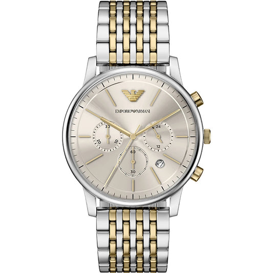 Emporio Armani 42mm Chronograph Minimalist Grey Dial Two Tone Stainless Steel Bracelet Watch
