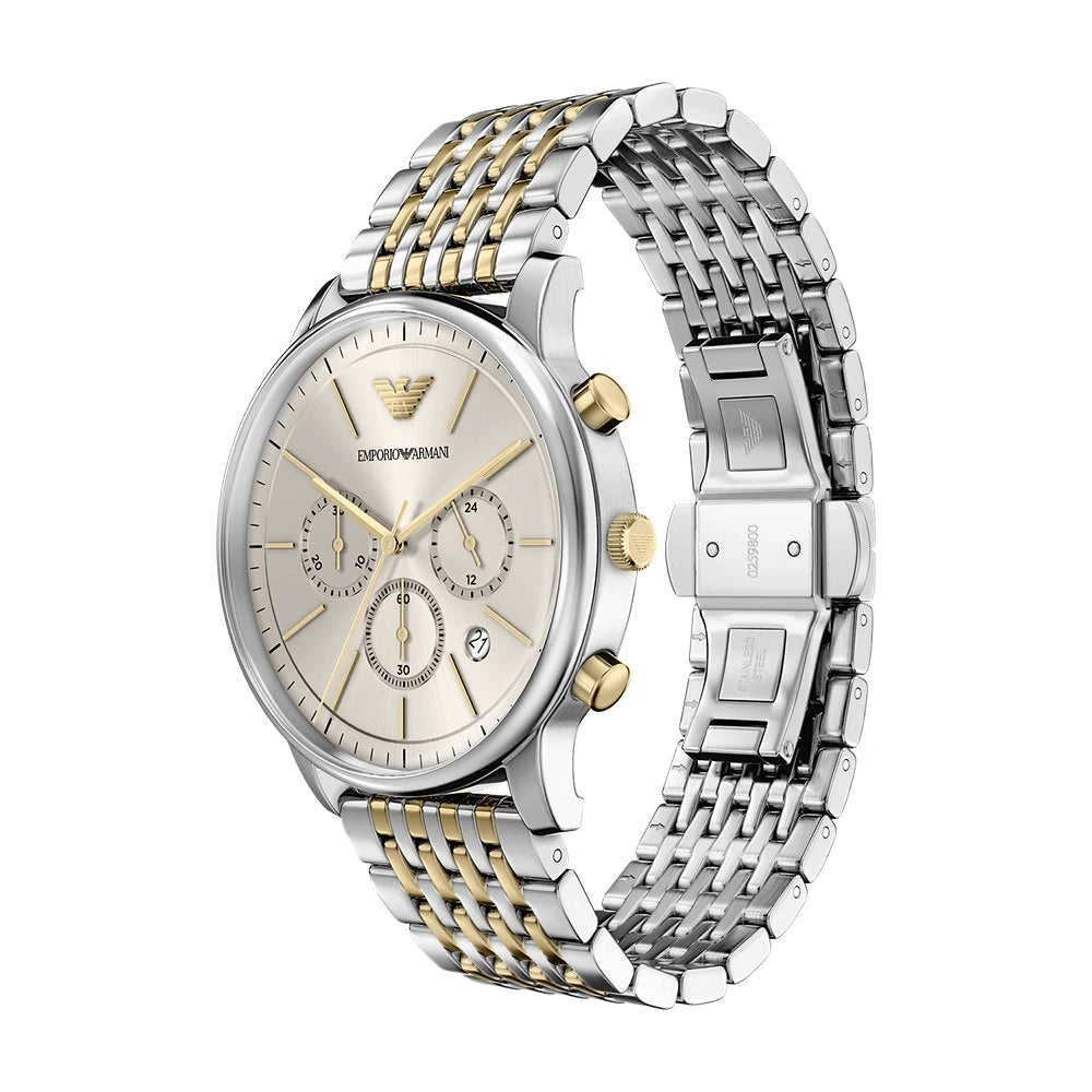 Emporio Armani 42mm Chronograph Minimalist Grey Dial Two Tone Stainless Steel Bracelet Watch