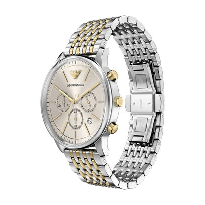 Emporio Armani 42mm Chronograph Minimalist Grey Dial Two Tone Stainless Steel Bracelet Watch