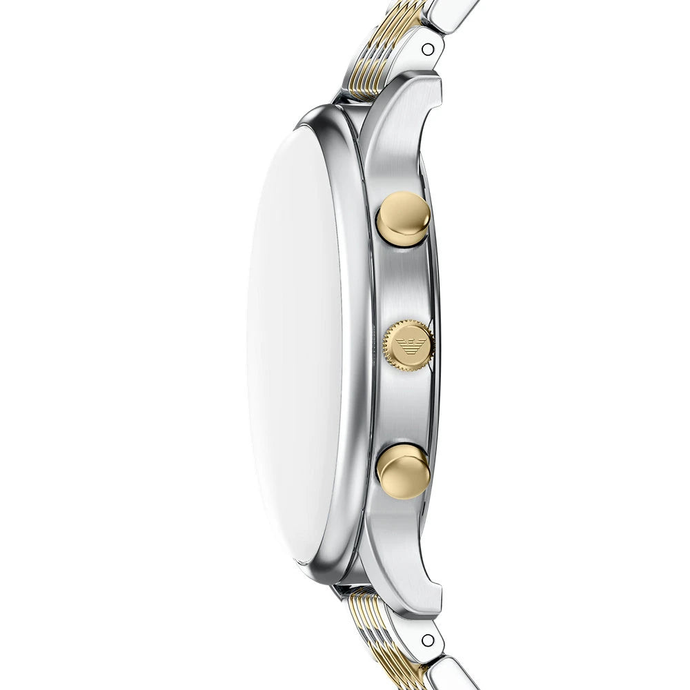 Emporio Armani 42mm Chronograph Minimalist Grey Dial Two Tone Stainless Steel Bracelet Watch