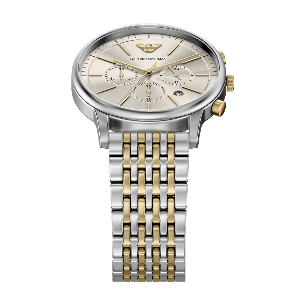 Emporio Armani 42mm Chronograph Minimalist Grey Dial Two Tone Stainless Steel Bracelet Watch