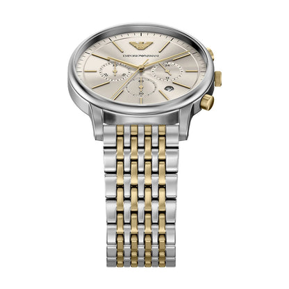 Emporio Armani 42mm Chronograph Minimalist Grey Dial Two Tone Stainless Steel Bracelet Watch