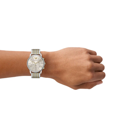 Emporio Armani 42mm Chronograph Minimalist Grey Dial Two Tone Stainless Steel Bracelet Watch