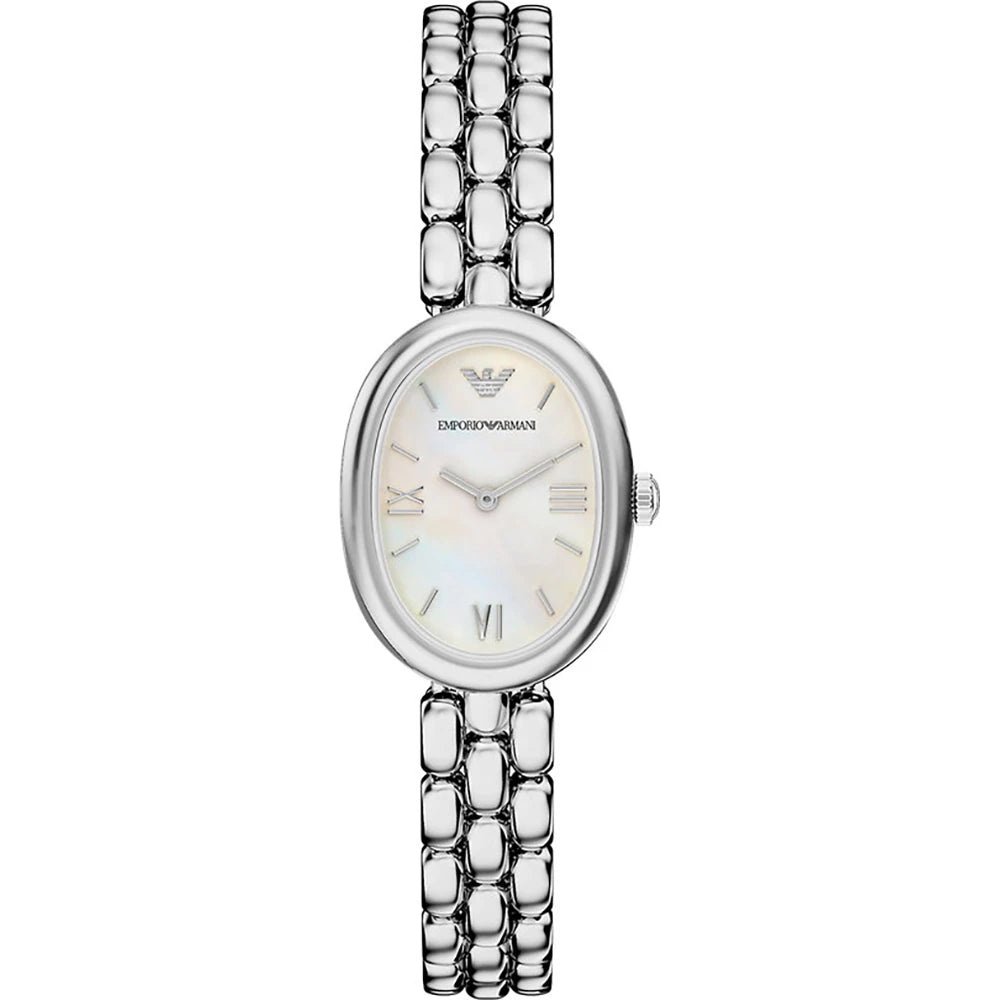 Emporio Armani 28mm Ladies Sinfonia Silver Tone Mother of Pearl Dial Link Watch