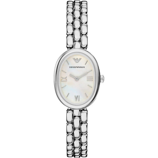 Emporio Armani 28mm Ladies Sinfonia Silver Tone Mother of Pearl Dial Link Watch