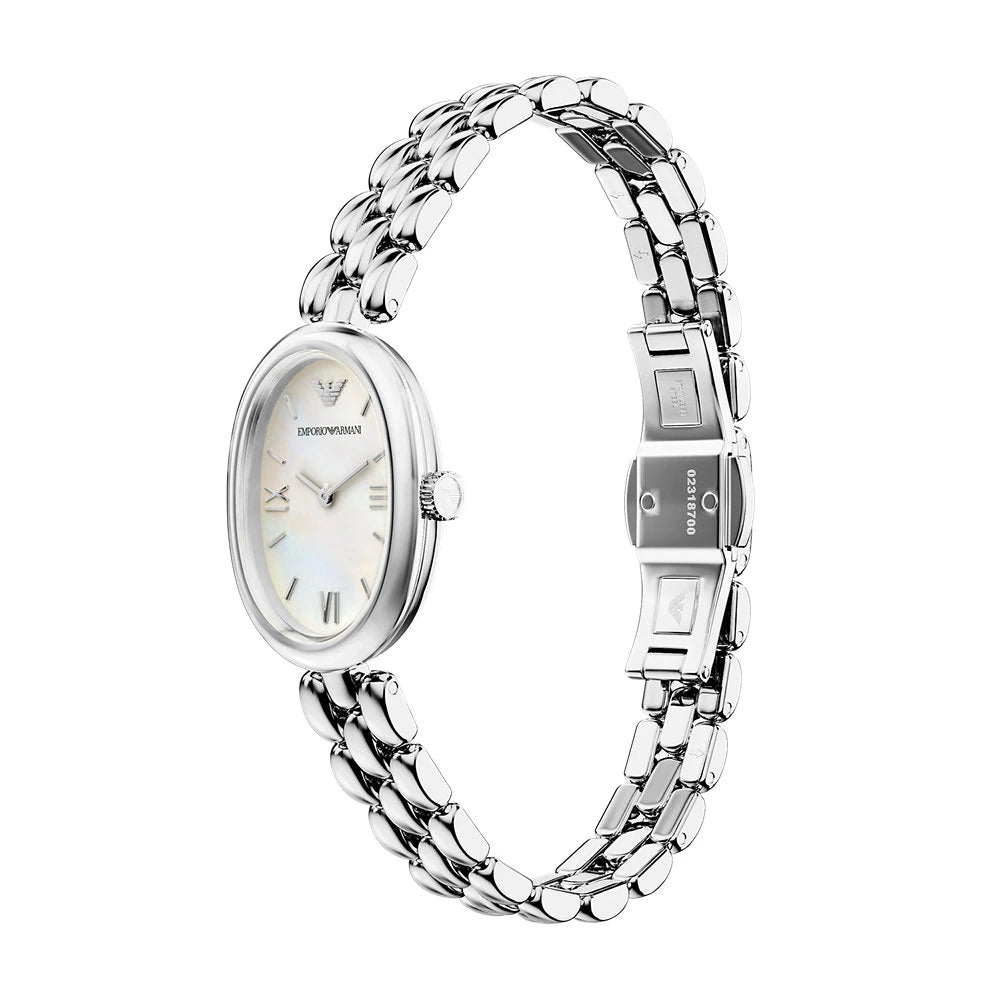 Emporio Armani 28mm Ladies Sinfonia Silver Tone Mother of Pearl Dial Link Watch