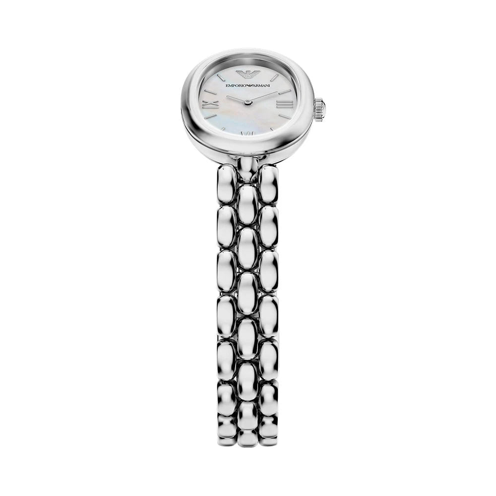 Emporio Armani 28mm Ladies Sinfonia Silver Tone Mother of Pearl Dial Link Watch