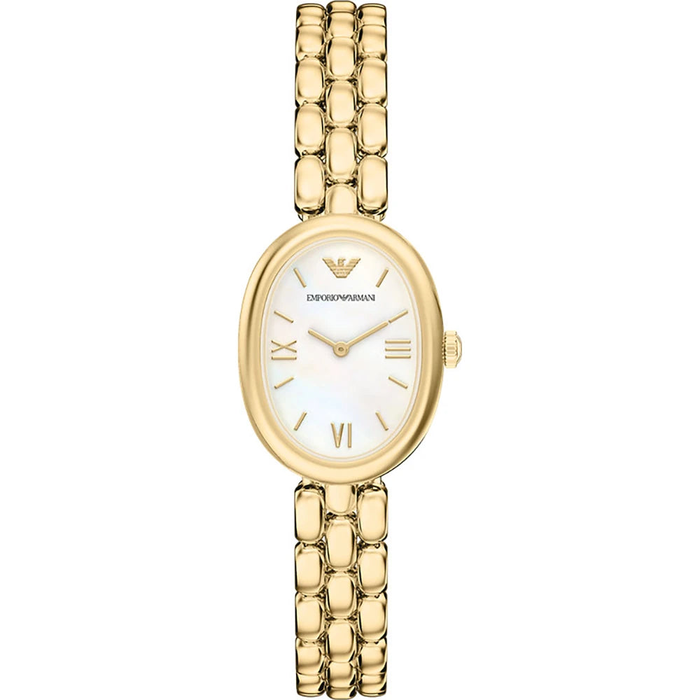 Emporio Armani 28mm Ladies Sinfonia Yellow Gold Tone Mother of Pearl Dial Link Watch