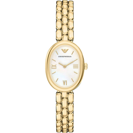 Emporio Armani 28mm Ladies Sinfonia Yellow Gold Tone Mother of Pearl Dial Link Watch