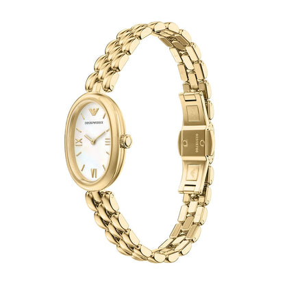 Emporio Armani 28mm Ladies Sinfonia Yellow Gold Tone Mother of Pearl Dial Link Watch