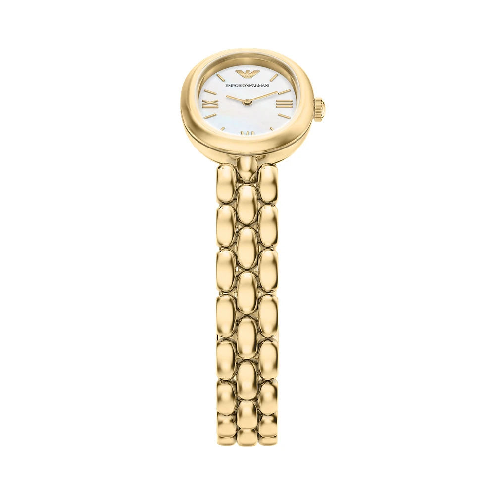 Emporio Armani 28mm Ladies Sinfonia Yellow Gold Tone Mother of Pearl Dial Link Watch