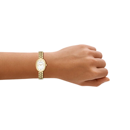 Emporio Armani 28mm Ladies Sinfonia Yellow Gold Tone Mother of Pearl Dial Link Watch