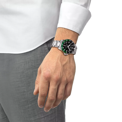 Tissot 40mm Silver Seastar 1000, Black & Green GMT Diver, Gents Bracelet Watch