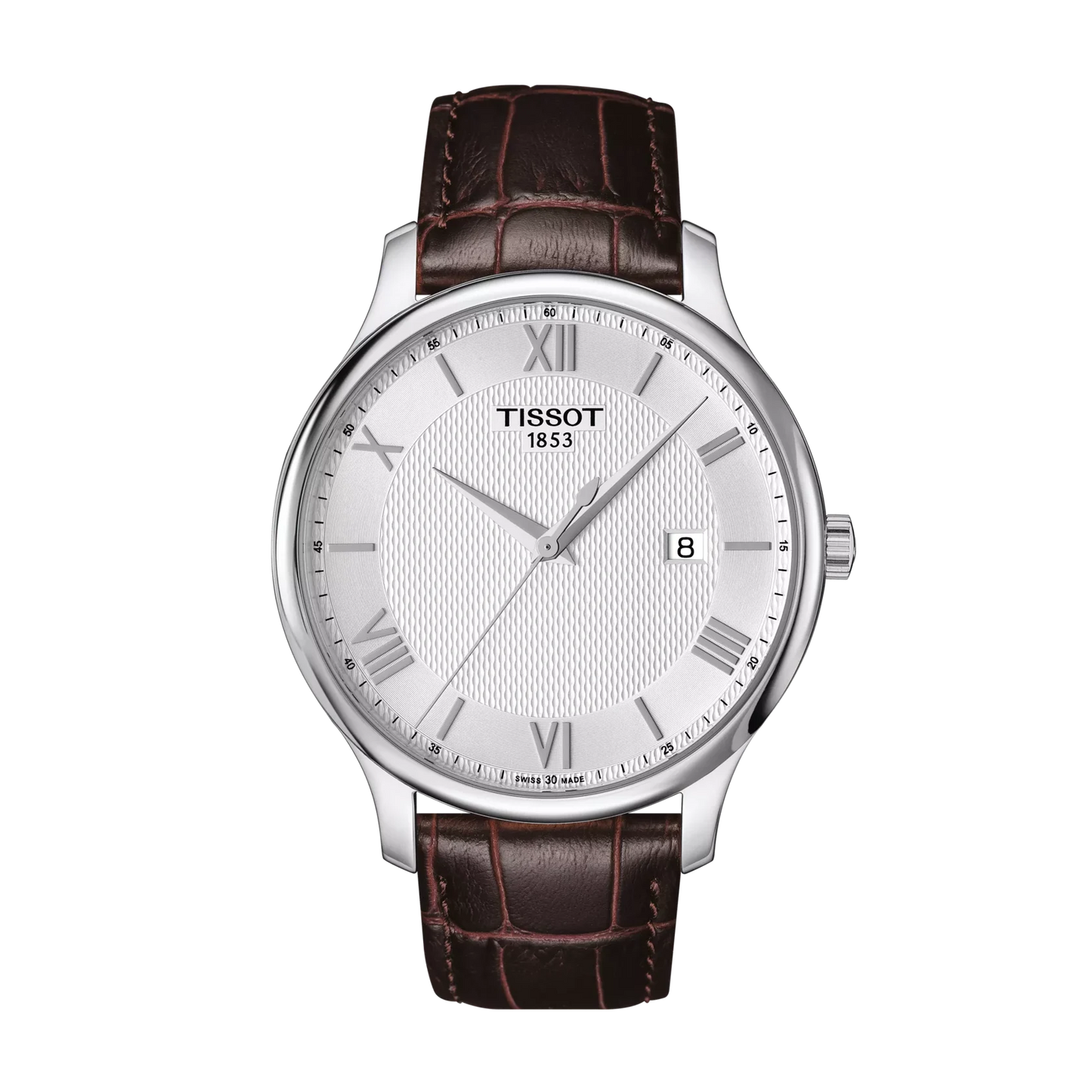 Tissot 42mm Silver Tone Tradition, Silver & Date Dial, Gents Brown Strap Watch
